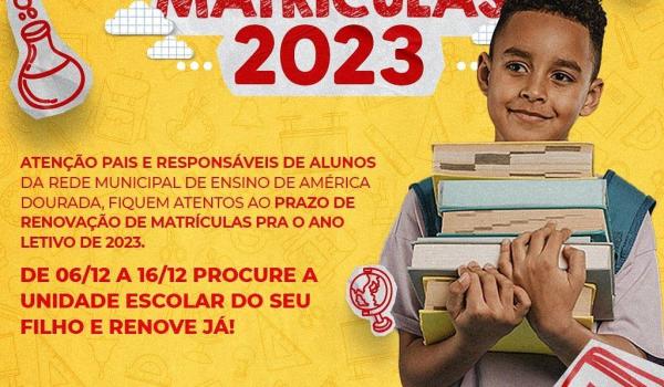 A Secretaria de Educação comunica que o prazo de renovação de matrículas pra o ano letivo de 2023