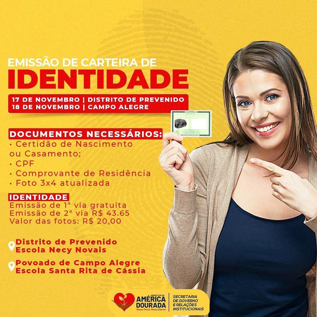 Atenção População do Distrito de Prevenido e Campo Alegre! o Setor de Identificação estará fazendo a emissão de Documentos de Identidade (RG).