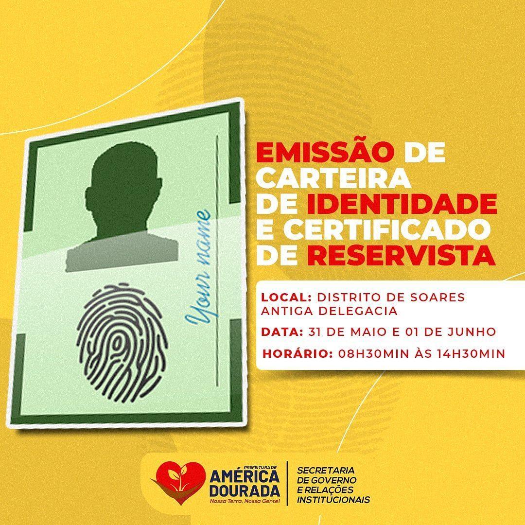 Atenção População do Distrito de Soares! o Setor de Identificação estará fazendo a emissão de Documentos de Identidade (RG) e Certificado de Reservista.
