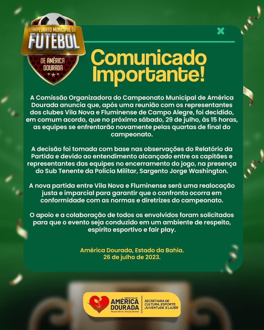 Comunicado oficial sobre a partida entre Vila Nova e Fluminense pelas quartas de final do Campeonato Municipal de América Dourada!