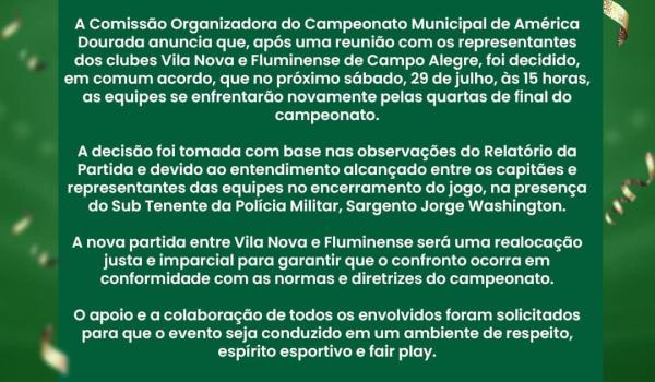 Comunicado oficial sobre a partida entre Vila Nova e Fluminense...