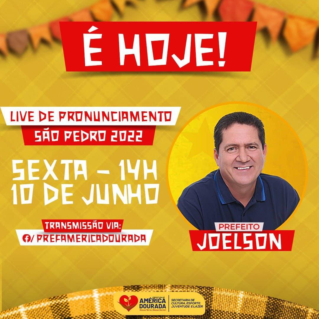 Prefeito Joelson do Rosário fará um pronunciamento na Página Oficial da Prefeitura no Facebook sobre os tradicionais festejos de São Pedro.